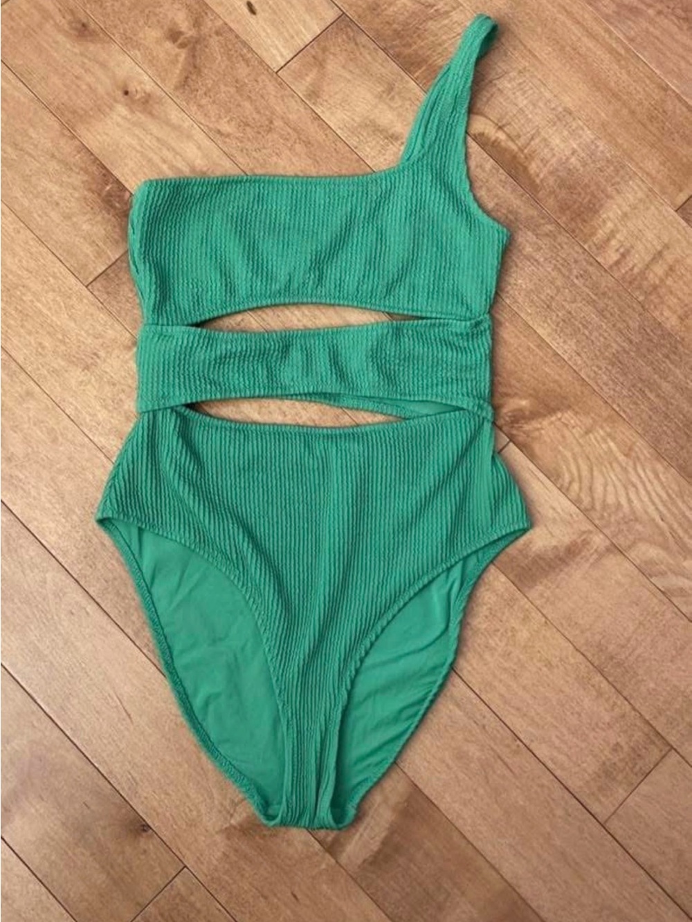 aerie Green One-Shoulder Ribbed Cutout One-Piece Swimsuit